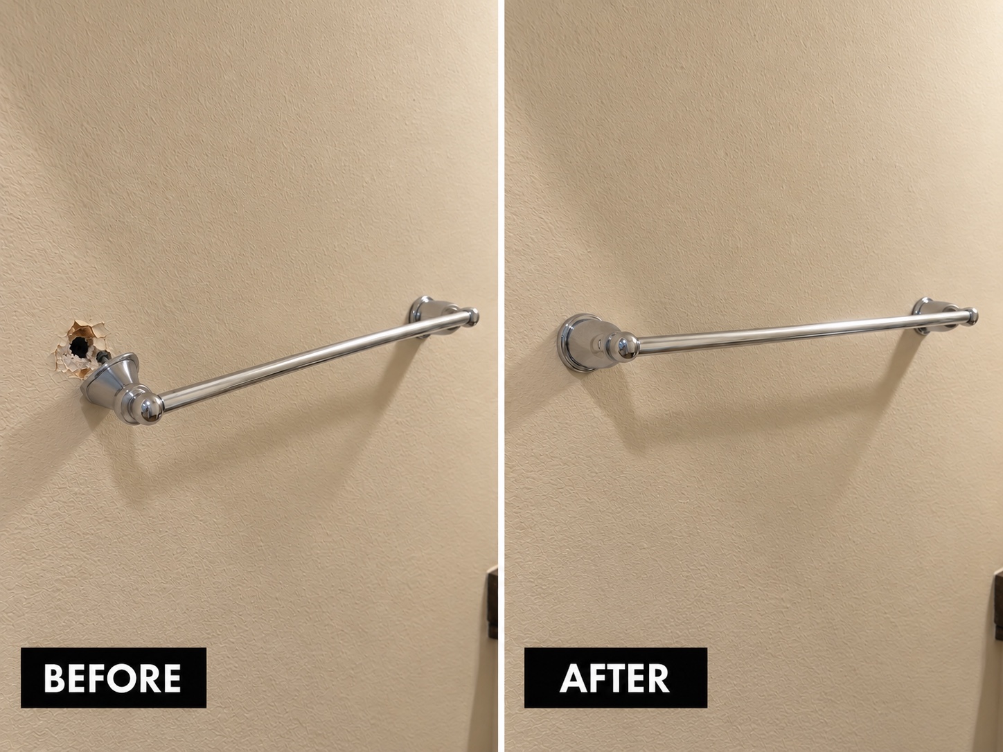 Before and after bathroom towel bar drywall repair