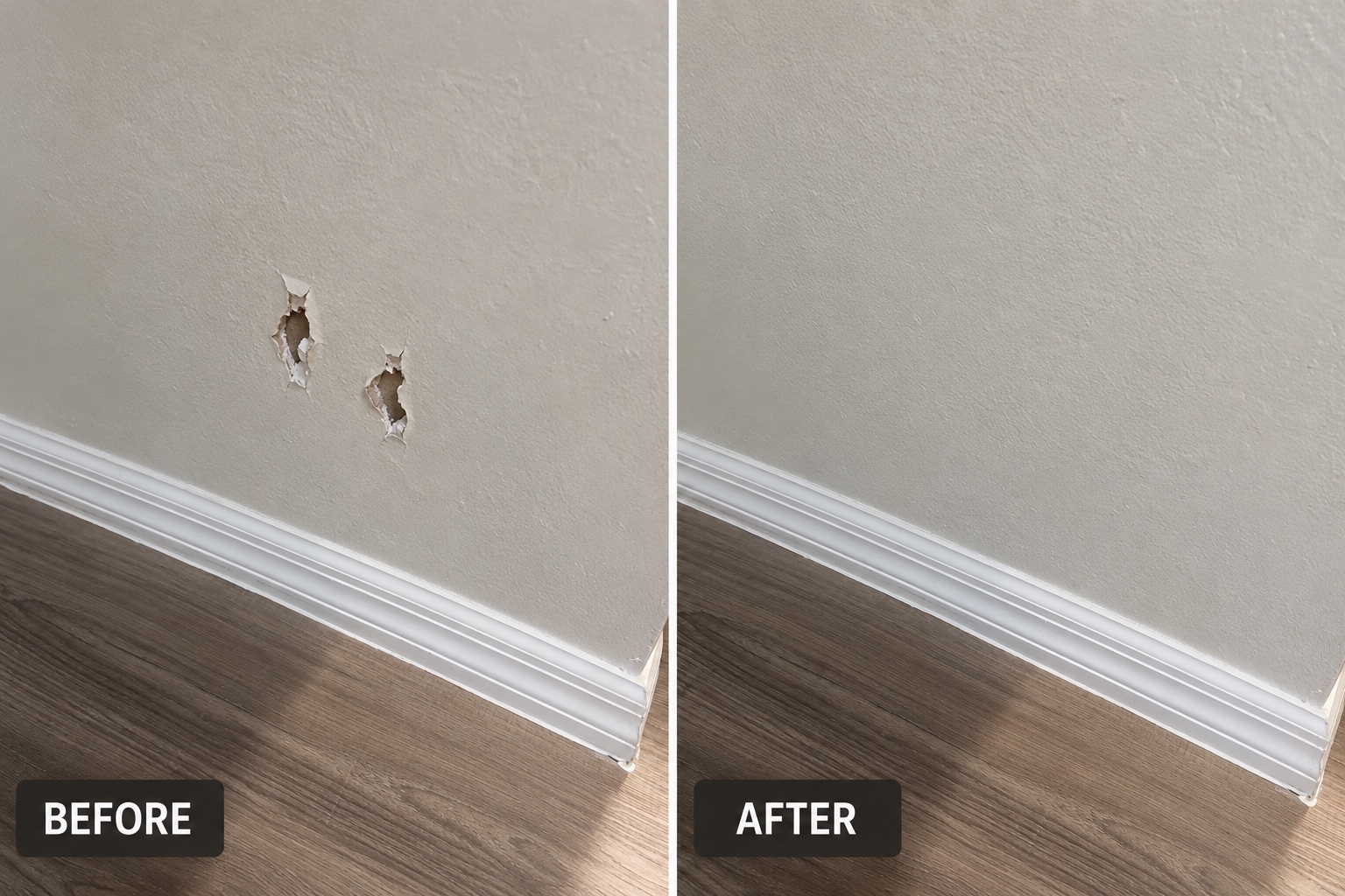 Before and after drywall hole repair near baseboard